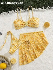 Xinshengyuan 3pcs/Set New Year's,Valentine's Day Costumes,Side-Tie Style Women's Lower Garment,Lotus Leaf Hem Pleated Short Skirt,Cute Casual Floral Print Bandeau High Cut Bikini With Skirt Women's Asymmetrical Spaghetti Strap Swimwear With Middle Metal Ornament,Detachable Swimwear Pad,Holiday Matching Outfit,Summer Sunshine Beach Outfit,Winter Hot Spring Swimsuit Swim Trunks. - Multicolor - View 9