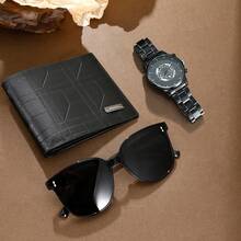 Valentine's Day Men's 3 PiecesGift Set: Geometric Pattern Wallet + Business Wristwatch + Fashionable Sunglasses, Luxury Gift Set - Black - View 2