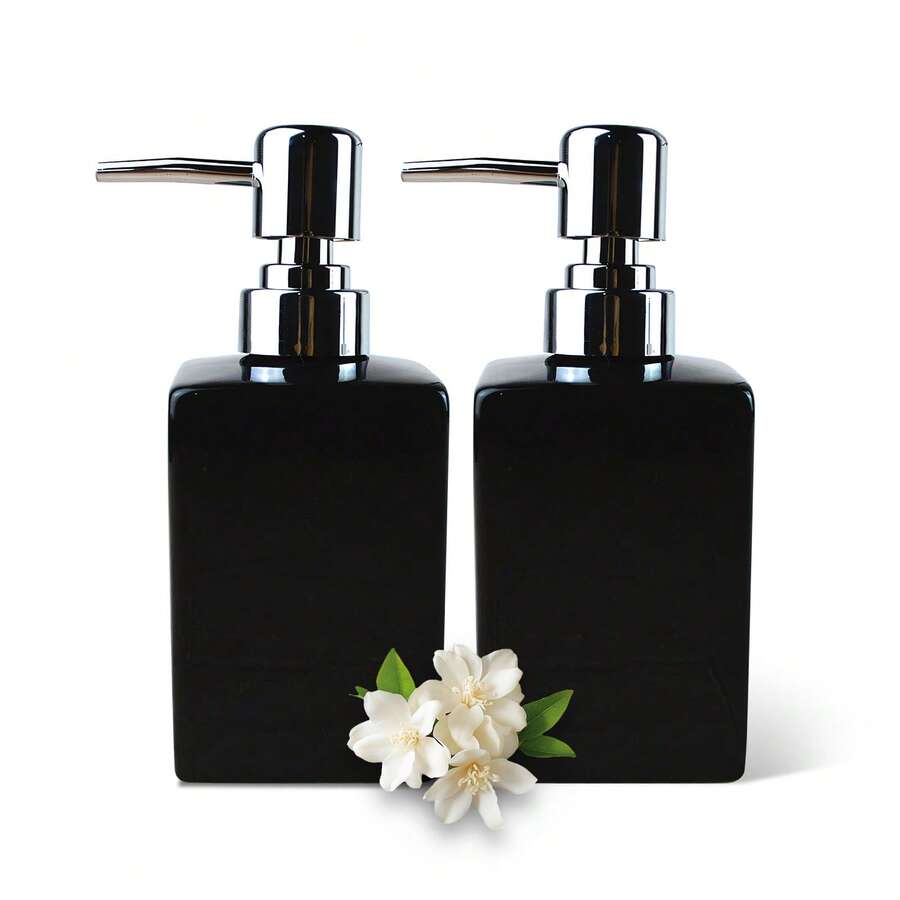 Square Ceramic Hand Soap Dispenser Shampoo Lotion Bottle Soap Dispenser Bottle With Soap Dispenser Pump For Bathroom Kitchen,2PCS - Black - 2pcs - View 1