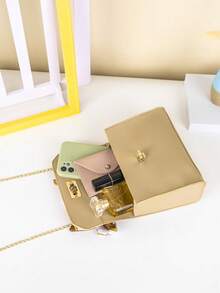 Scarf Accessory Chain Flat Handbag - Khaki - View 6