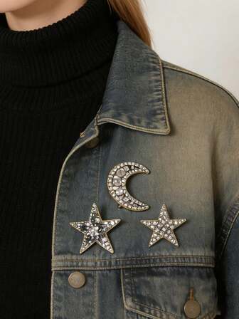 럭셔리 라인스톤 달 & 별 디자인 합금 브로치 세트, 데일리 웨어를 위한 우아한 선물