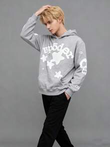 Men's Hip Hop Spider Web Pattern Graphic Alphabet Print Y2k Hoodie - 灰色星星 - 查看 3