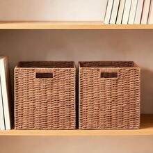 UBBCARE 2 Pack Wicker Basket, 11L*11H*10.5W Inch Woven Paper Rope Storage Baskets For Shelves, Foldable Cube Storage Bin With Handle, Storage Basket For Organizing & Decor, Caramel - 焦糖 - 查看 5