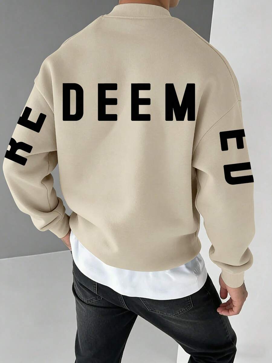Herren Lässig Kreuz- und Buchstaben-Muster Loose Fit Rundhals Langarm Sweatshirt, geeignet für Frühling und Herbst - Aprikosenfarben - Übersicht 1