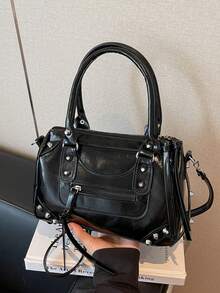 Stylish And Motorcycle-Style Women's Handbag With Zipper Details; A High-End, Unique Tote Bag With Intricate Rivet Embellishments; A Versatile Urban Commuter Style Bag With Adjustable Shoulder Strap - Black - View 6