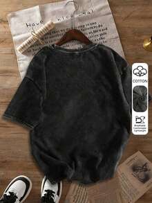 Áo thun nữ mùa hè bằng cotton đã giặt, in họa tiết ngộ nghĩnh phong cách đường phố, với họa tiết "Gai và hoa hồng đỏ, gai quấn vào trái tim", thời trang nữ retro Hàn Quốc thoải mái, đa năng phong cách Y2K, áo thun dáng rộng phong cách đường phố cá tính phong cách punk Y2K, áo thun ngắn tay nữ có thể giặt, màu đen thường ngày - màu đen - Xem 3