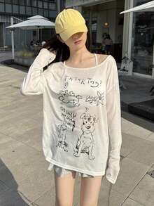 女士宽松休闲卡通印花不对称露肩罩衫T恤，夏季白色 - 白色 - 查看 7