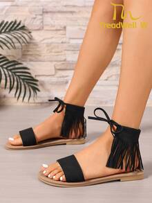 New Women's Sandals, Women's Flat Sandals, Fashionable Tassel Women's Sandals, Women's Flat Sandals, New Women's Slide Sandals, Women Shoes - Black - View 9