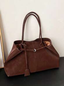 Bolso de mano grande de mujer de unicolor con estilo retro - Marrón - Ver 9