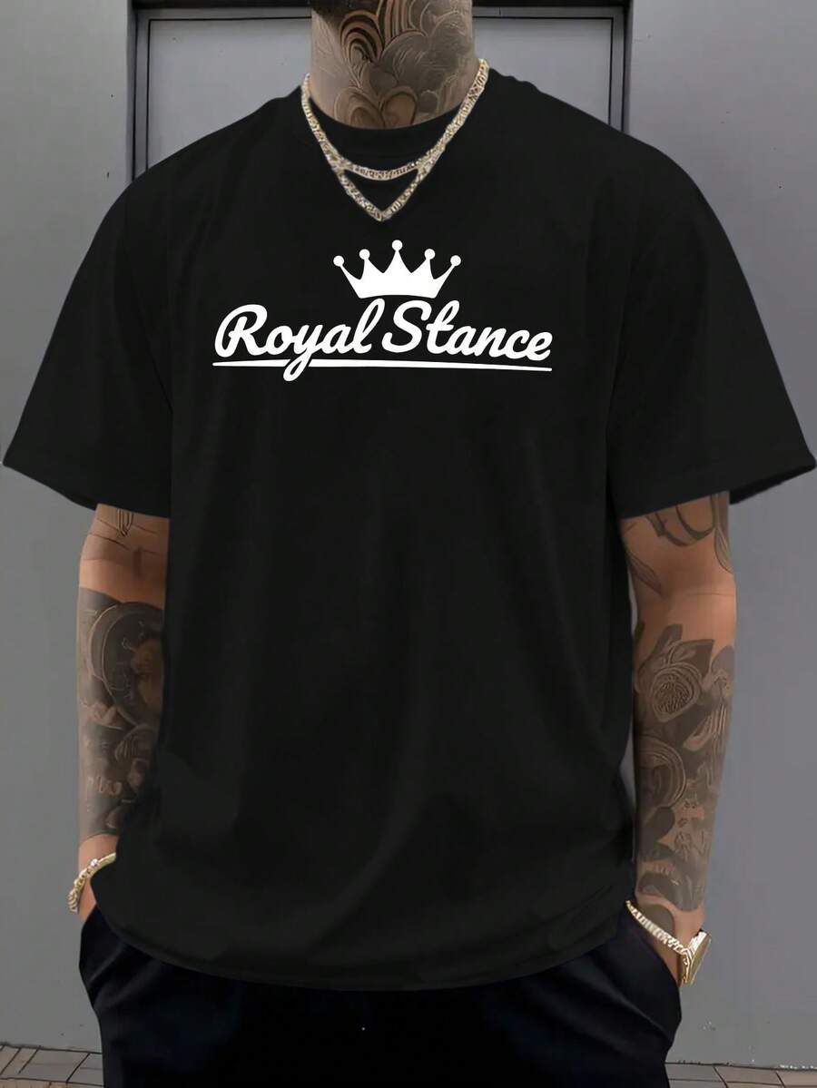 Men Royal Stance Graphic T-Shirt Royal Casual Comfortable Short Sleeve Tee With Crown Design Regular Fit For Summer Casual Attire Comfortable Fit Breathable Fabric - 黑色 - 查看 1