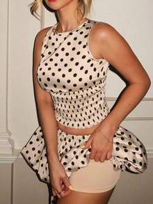 Polka Dot Mini Skirt Set Women Y2k 2 PIece Outfit Sleeveless Crewneck Crop Tank Tops Low Rise Bubble Skirt Summer Vintage Outfits Aesthetic Clothes Clubwear - 杏色 - 查看 4