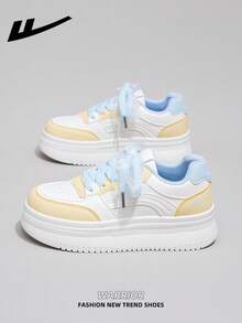 1双 WARRIOR 女士厚底系带软底休闲鞋，低帮户外平底鞋，圆头低跟防滑纯色优雅软底徒步鞋，适合学生、毕业照、平底鞋、低帮皮质运动滑板鞋 - 米/黃/藍 - 查看 4