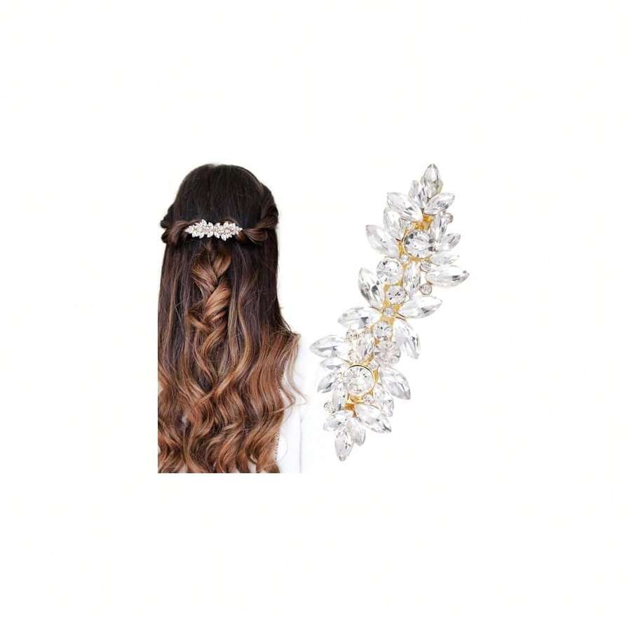 Silver Rhinestone Hair Clip Sparkly Crystal Wedding Bridal Barrettes Gold Prom Engagement Dressy Decorative Accessories For Bride Women Thick Long Hair - 金子 - 查看 1