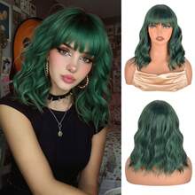 Heat Resistant 14 Inch Synthetic Soft Curly Wavy Wig With Bangs For Girls Women Black And White Shoulder Length High Quality Short Wavy Curly Bob Wig Full Bang Wig Cosplay Party Use Holiday Spring Valentine's Day Available Day Green Wig St. Patrick's - 墨綠色 - 查看 7