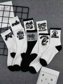 1/5/10 Pairs Random Men's Crew Socks, Fashion Street Skateboard Student Sports Socks, Tall Waist Socks For Men - Black and White - View 7