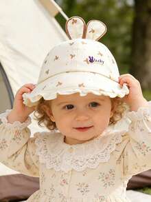 1pc Baby Girl Sun Hat, Thin Spring/Autumn Princess Style Wide Brim UV Protection Baseball Cap, Suitable For Outdoor Activities, Fits 6-24 Months - Bunny-patterned Sun Hat - View 2