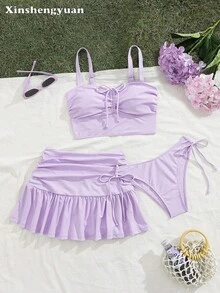 Sultry Sol 3件套/组 圣诞节、新年、情人节服装，显瘦纯色，性感，欧美时尚，波浪裙摆，荷叶边褶皱短裙，可拆卸泳垫，可调节肩带，可爱柔软休闲外出海边沙滩派对奢华比基尼套装 - 紫色 - 查看 10
