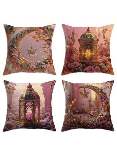4 st Ramadan & Eid örngott - Gyllene halvmåne, blommiga lyktor, pastellrosa & gyllene islamisk dekor - Dragkedja för kuddfodral för vardagsrum, sovrum, bil - Maskintvättbara heminredning (17,72x17,72 tum) - Ingen insats behövs - Perfekt för Ramadan, Eid, bröllop, inflyttningspresenter, festliga örngott