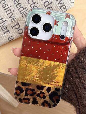 1 st. koreanskt rutigt telefonskal i gult och leopardmönster med prickigt lapptäcke, lämpligt för iPhone 17 Pro Max, 17 Pro, 17, 16 Pro Max, 15 Pro, 14 Pro, 13, 12, 11, stötsäkert, heltäckande