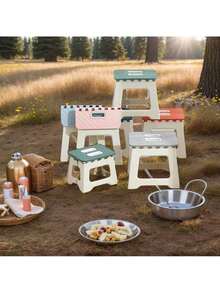 Portable Folding Chair - Lightweight And Portable Plastic, Suitable For Picnic/Camping/Fishing Beach, Lawn, Hiking Portable Travel Stool With Storage Bag, Must-Have For Students (Pink, Yellow, Blue, Gray, Green) - 珊瑚橙 - 查看 5