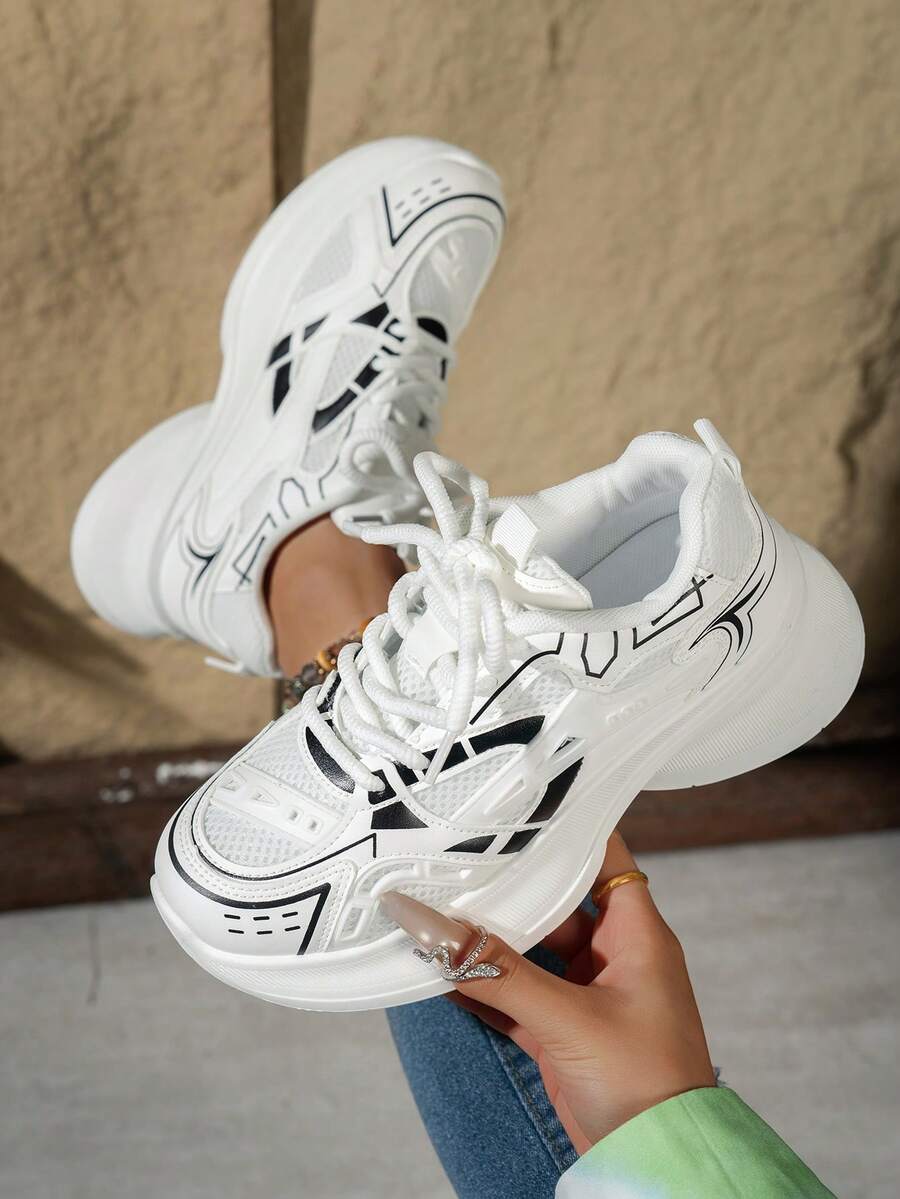 2024春夏新款软皮厚底运动鞋，女士透气网面跑步鞋，休闲运动鞋 - 白色 - 查看 1