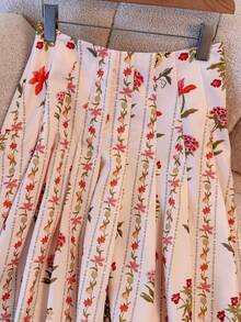 Women's New Elegant Casual Commute Daily Ditsy Floral Pleated Long Skirt - Pleated, Ditsy Floral, Long Length, Contrast Binding Hem, Thin Stiff Woven Skirt Summer - Pale Yellow - View 6