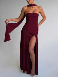 女士优雅性感纯色开衩派对度假连衣裙，酒红色