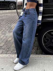 女士复古宽松高腰直筒牛仔裤