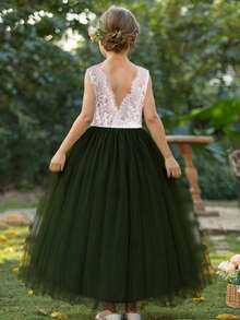 Tween Girl White Lace Patchwork Contrast Color Mesh Sleeveless Dress, Flower Girl Wedding Party Formal Gown - Dark Green - View 10