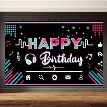 1件生日背景布，背景图案为音乐耳机和“生日快乐”字样，采用高清印花工艺，印制在涤纶面料上，适用于派对、庭院、生日派对和摄影用品。 - 彩色 - 查看 5