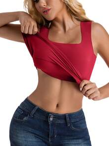 Women's Built-In Bra Tank Top Wide-Strap Square Neck  Ribbed Slim Fit Summer Wirefree Shelf Padded Tank Shirts - 紅色 - 查看 1