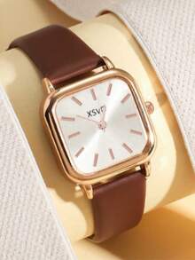 1 件/套青少年时尚极具吸引力的条形指针迷你表盘皮革表带石英手表，适合生日礼物、万圣节礼物