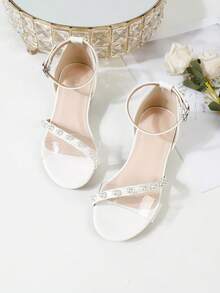 1双新款夏季时尚罗马珍珠装饰高跟凉鞋，女童学生舞蹈表演鞋，适合婚礼、派对、日常穿着，舒适低跟，儿童水晶公主高跟鞋 - 白色 - 查看 4