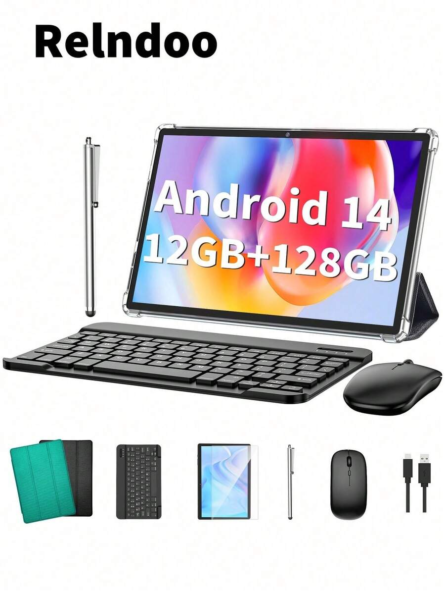 Relndoo 安卓14平板电脑，带键盘，10英寸平板电脑，12GB RAM+128GB ROM，二合一平板电脑，含保护套、鼠标、手写笔，支持802.11n 2.4G/5G无线网络，5MP+8MP双摄像头，1280*800像素高清触摸屏，8000mAh电池，通过认证，适用于在线课程、工作、娱乐等用途（不含适配器）。