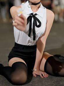 1件套Reisauce角色扮演服装，白色无袖衬衫，黑色短裤，带项圈，学生JK制服套装，动漫服装，舞台表演服装 - 白黑色 - 查看 16