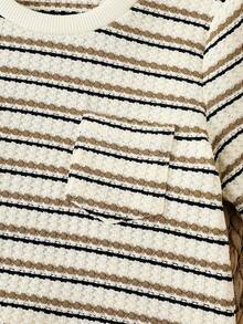 2pcs/Set Young Boy Casual Striped Jacquard Short Sleeve Crew Neck T-Shirt And Shorts Set, Suitable For Toddler Boys' Everyday Casual Outfits In Spring/Summer - Khaki - View 3