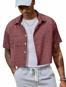 URRU Men's Gingham Cropped Shirt Plaid Shirts Short Sleeve Button Down Shirts Crop Tee Tops - 酒紅色 - 查看 1