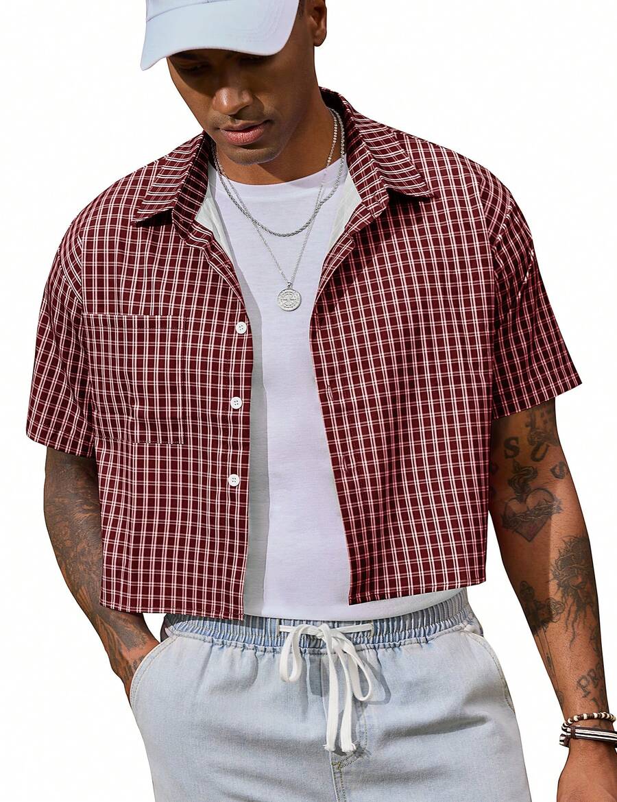 URRU Men's Gingham Cropped Shirt Plaid Shirts Short Sleeve Button Down Shirts Crop Tee Tops - 酒紅色 - 查看 1