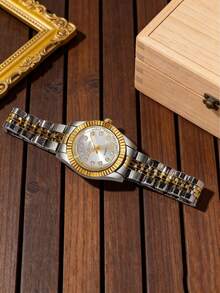 2PCS Women's Accessories Set In Gold And Silver Contrast, Including A Gold-And-Silver Two-Tone Strap Quartz Watch With A Diamond-Studded Dial, And A Double Heart-Shaped Diamond-Studded Gold Chain Bracelet. - Multicolor - View 6