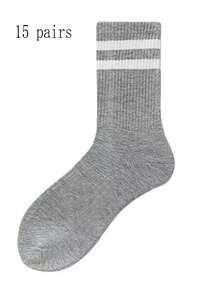 6双/15双/20双装条纹中筒袜，黑白双条纹纯色运动休闲舒适透气，男女通用长袜，白色/黑色/灰色可选，适合日常穿着、运动，四季皆宜。 - 彩色 - 查看 16