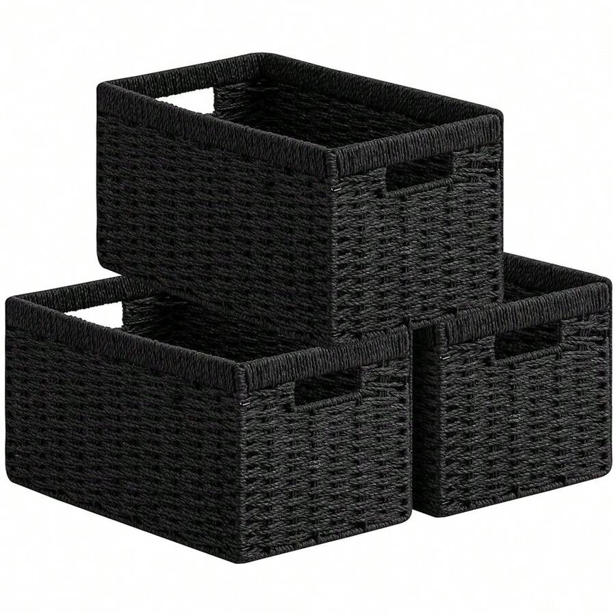 UBBCARE 3 Pack Wicker Basket, 13.4L*8.3H*7.1W Inch Woven Paper Rope Storage Baskets For Shelves, Foldable Rectangular Storage Baskets With Handle, Storage Basket For Organizing, Black - Black - View 1