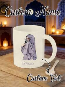 1个定制马克杯，印有“感恩一切”字样，可个性化定制姓名或文字，采用阿拉伯书法设计，可放入洗碗机清洗，可重复使用，适合穆斯林使用，是圣诞节、生日、派对等场合的伊斯兰礼物，也是派对饮具的理想之选。| 装饰陶瓷马克杯 | 可重复使用陶瓷制品，伊斯兰礼品，节日礼物 - 彩色 - 查看 4