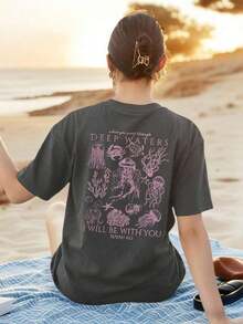 Women's Summer New Simple Cute Marine Life Print Casual Vacation Style Loose Versatile Round Neck White Short-Sleeved T-Shirt Fashionable Daily Tops Suitable For Daily Vacation Wear. Graphic Tees Women Pink Top-Unisex Comfortable Vintage Street Style Loose-Fit Washed T-Shirt - Dark Gray - 查看 5