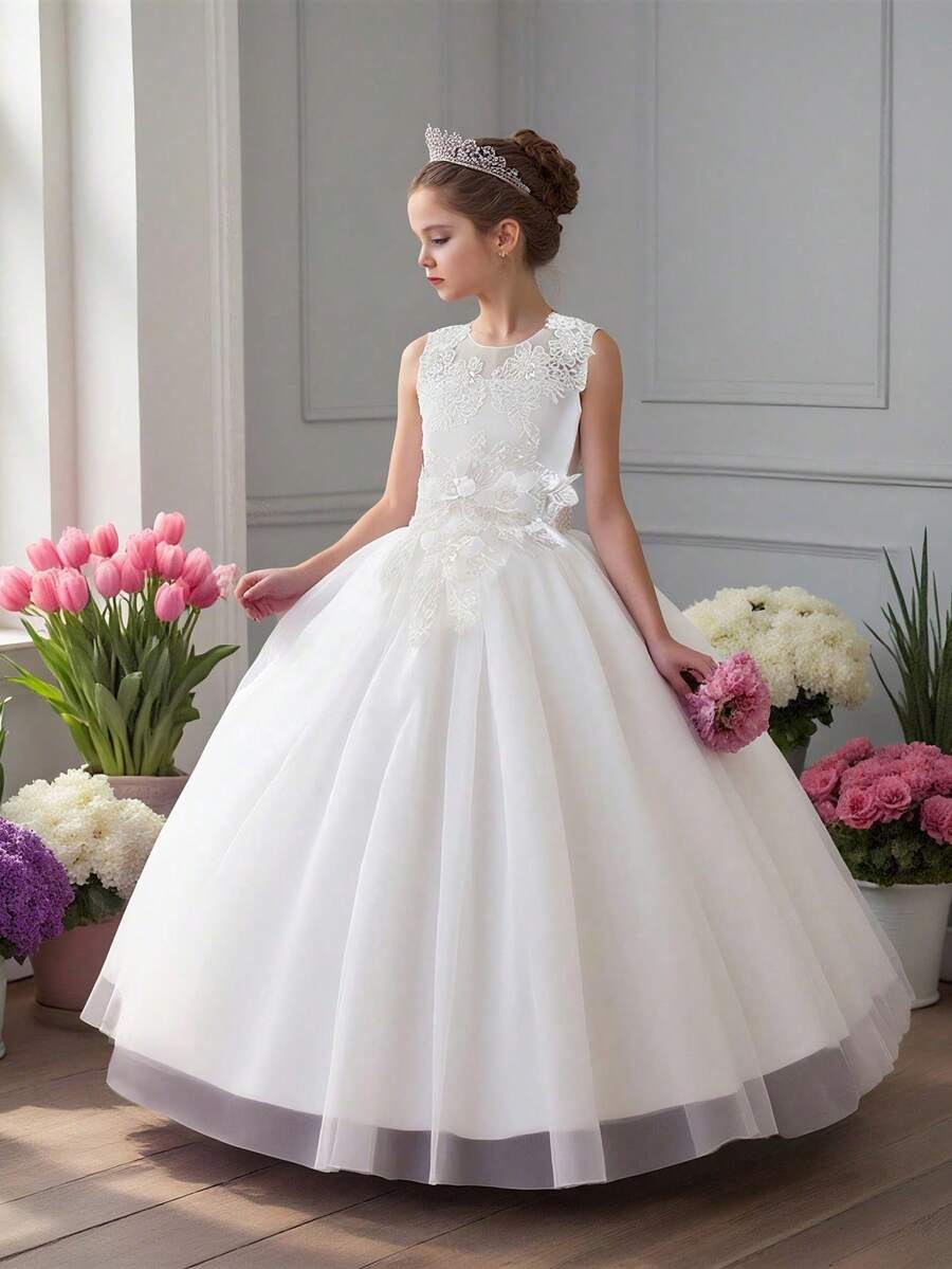 Tween Girls Embroidered Mesh Elegant Party Dress, Suitable For Hosting And Attending Formal Events, Excluding Headband - White - View 1