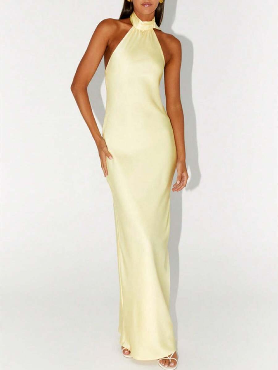 Women Scarf Maxi Dress Silk Halter Neck Tie Up Backless Bodycon Dress Cowl Back Draped Party Wedding Guest Cocktail Dresses With Neck Scarf - 黃色 - 查看 1