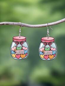 1 Pair 2D Flat Bottle Heart LOVE Design Acrylic Pendant Earrings, Elegant Minimalist Style Jewelry Earrings For Women, Suitable For Daily And Holiday Wear - Multicolor - View 1
