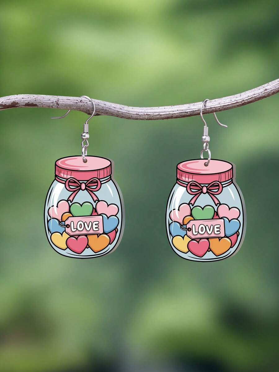 1 Pair 2D Flat Bottle Heart LOVE Design Acrylic Pendant Earrings, Elegant Minimalist Style Jewelry Earrings For Women, Suitable For Daily And Holiday Wear - Multicolor - View 1