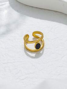 1件时尚简约不锈钢椭圆形锆石双层开口戒指/几何线条开口戒指/珍珠餐具戒指，适合女性日常、派对、假日佩戴 - 金色 - 查看 4