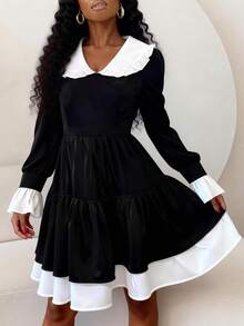 Vestido de manga larga con cuello Peter Pan de ajuste ceñido, contraste de blanco y negro, elegante vestido casual de oficina y citas, moda primavera/verano/otoño - Negro - Ver 8