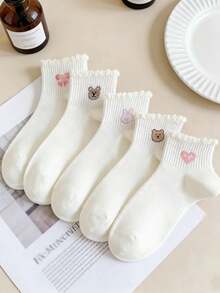 5双春夏卡通熊蕾丝边短袜，可爱碎花印花短袜，荷叶边袜口女款